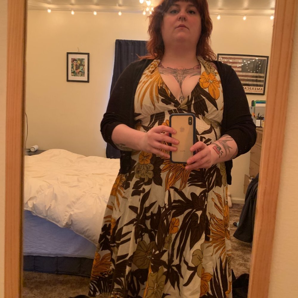 🎉 Vintage Brown/White/Mustard Floral Halter Dress L